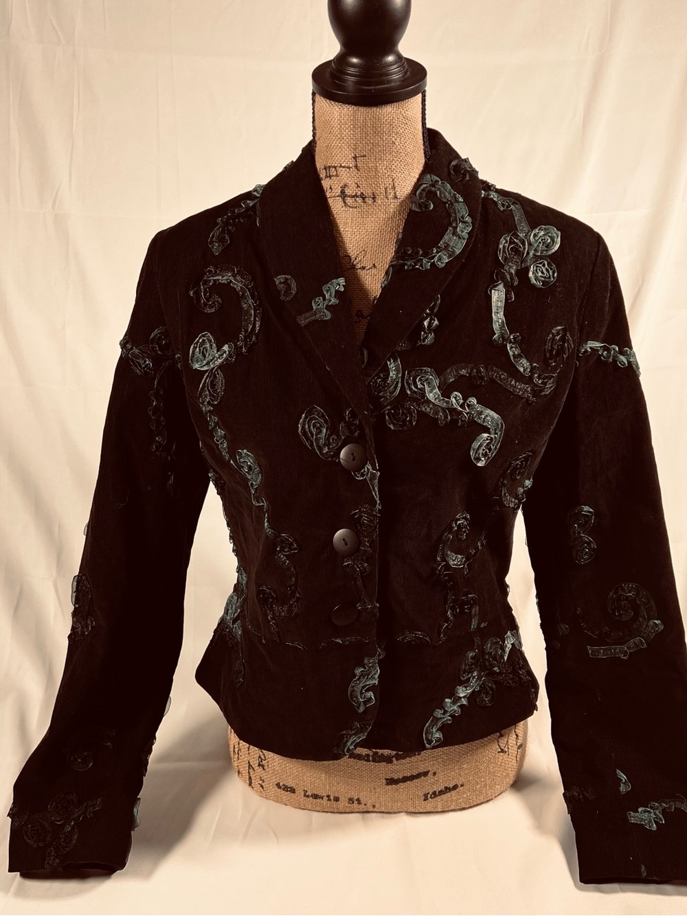 Black Embroidered Corduroy Women's Blazer